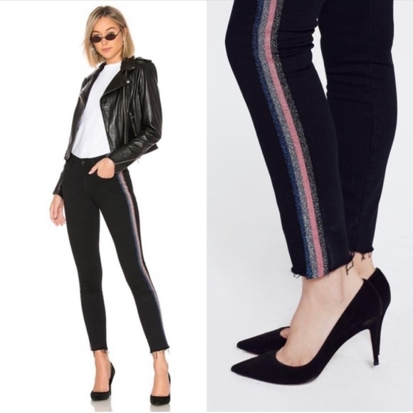 Mother High Waisted Looker Ankle Fray Black Guilty Glitter Racer Stripe Jeans 26 - Picture 2 of 16
